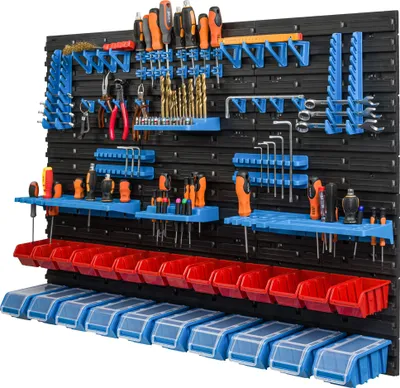 A well-organized tool wall with various tools and storage bins.