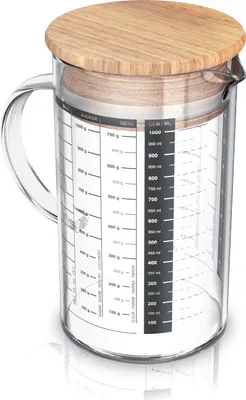 Produktbild von Arendo - 1l Messbecher aus Glas - 1 Liter Messkrug Glas Krug – Borosilikatglas – präzise Skala – hitzebeständig – Mikrowellen geeignet – Glasbehälter mit Bambusdeckel - Silikondichtung