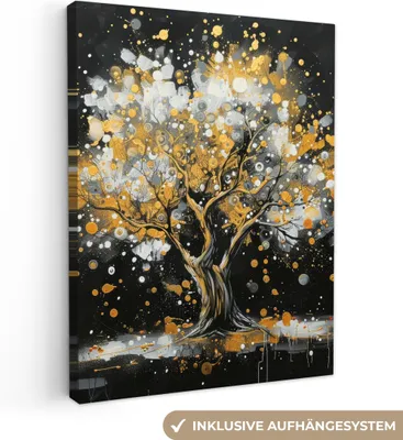 Produktbild von MuchoWow® - Leinwandbilder - Baum - Schwarz - Gold - Weiß - Modern, Wandbild, Wanddeko Bilder Wohnzimmer, 90x120cm