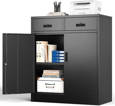 Productafbeelding van Archiefkast Kantoor - Opbergkast Staal - Veilig Opbergen - Afsluitbaar Met Laden - 90x80x40 cm - Zwart