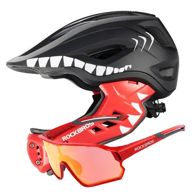 Produktbild von ROCKBROS Set Kinder Fahrradbrille polarisiert UV400 Rot mit Fullface Kinder Fahrradhelm 2in1 abnehmbarer Kinnschutz Schwarz Rot M 54-58 cm