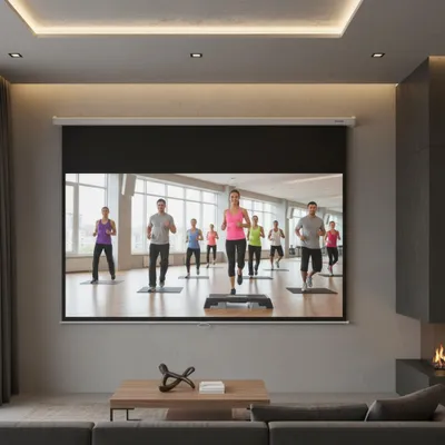 A home theater room with a large projector screen displaying an aerobics class.