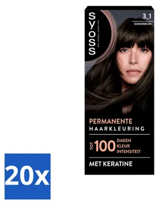 Imagen del producto de 20 unidades de tinte permanente para el cabello SYOSS 3-1, color marrón oscuro. Tinte duradero. Paquete económico