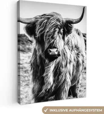 Produktbild von MuchoWow® - Leinwandbilder - Schottischer Highlander - Natur - Kuh - Schwarz - Weiß, Wandbild, Wanddeko Bilder Wohnzimmer, 90x120 cm