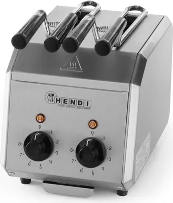 A stainless steel HENDI toast device with four handles on top and two control knobs on the front.