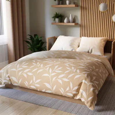 Image de Literie, linge de lit en satin de coton 200x220 Irma Beige, feuilles