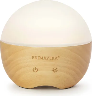 A spherical aroma diffuser with a wooden base and a white frosted top.