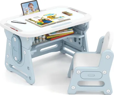 Image de Bureau pour enfant avec chaise - Ensemble - Réglable en hauteur - Tableau blanc inclinable - Avec accessoires - Montage facile - Plastique - Bleu