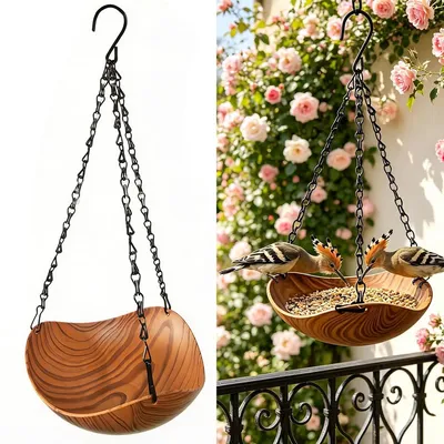 Produktbild von Hängende Vogeltränke & Futterstation für Garten, Balkon & Terrasse, wetterfest & frostbeständig, Holz mit Metallkette, dekorativer Vogelbad