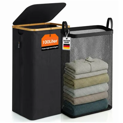 Immagine prodotto di Cesto per la biancheria Roxlin con coperchio, 100L – Contenitore pieghevole per la biancheria con sacca estraibile – Struttura in bambù e materiale resistente – Salvaspazio - Nero