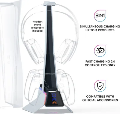A charging station for gaming accessories, with a headset and controllers shown in outline.