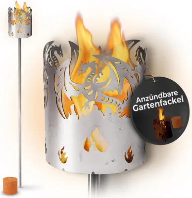 Produktbild von Gartenfackel für draußen Motiv Drache - Rost - Set: Gartenbeleuchtung mit 1x Brennelement - Holzspäne mit Wachs - Schwedenfackel Pelletfackel Feuersäule Flammschalen Wachsfackel Gartenleuchte