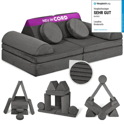 Produktbild von Linodino Spielsofa Cord - Kindersofa | Kinder Couch als Kuschelecke und Fantasiewelt | Kinder Sofa aus Schaumstoff Bausteinen I Nashorn Grau
