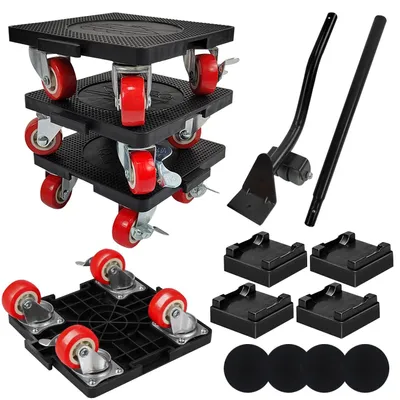 Image de Ensemble de 7 roulettes pour le transport de meubles - Roulettes pivotantes à 360° - Système de levage pour meubles - Roulettes avec frein - Capacité de charge maximale : 600 kg - Noir - Roulettes pour meubles