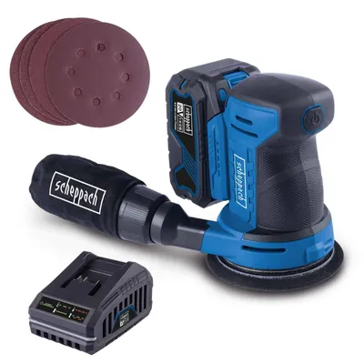 Produktbild von Scheppach Akku-Exzenterschleifer C-OBS125-X | Ø 125mm | 6000 – 24.000 min-1 | Klettverschluss | Softstart | 20V IXES | inkl. 4Ah Akku + 2,4A Ladegerät