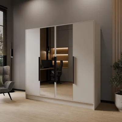 Produktbild von Masseno Drehtürenschrank RENVO 200/200/51 cm Modern Kleiderschrank 4-türig mit Spiegel Kaschmir