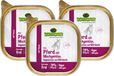 Produktbild von 3x200g Schecker Hundemenü - mit 78% Pferd mit Mischgemüse, Hagebutten und Bärlauch