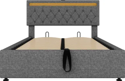 Produktbild von Flieks Polsterbett 140x200cm mit Ladefunktion (USB & Typ-C), Stauraumbett Doppelbett Jugendbett mit LED, Hydraulisches Boxspringbett Holzbett, Leinen