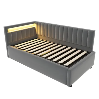 Produktbild von Flieks Hydraulisches Polsterbett Schlafsofa 90x200cm mit LED, Sofa mit Schlaffunktion, Tagesbett Einzelbett Holzbett Samt, Dunkelgrau