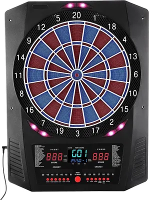 Image de Cible électronique, cible de fléchettes de 336 mm avec 45 jeux et 474 variantes pour jusqu'à 8 joueurs, 6 tiges de fléchettes avec ailettes et 50 pointes souples, écran LED couleur pour le score au cricket pour les fêtes à la maison ou au bar.