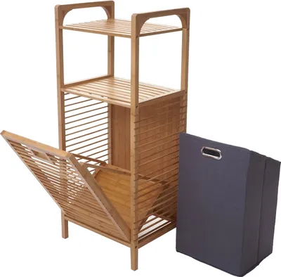 Obrázok produktu pre Polička s košom na bielizeň HWC-B94, box na bielizeň Stojan na bielizeň, bambus 95x40x30cm 28l