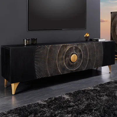 Produktbild von riess-ambiente Handgearbeitetes TV-Lowboard GOLDEN SUNSET 180cm schwarz gold Mangoholz massiv Metallfüße TV-Schrank Kommode Anrichte Lowboard