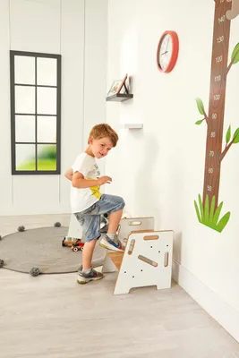 Produktbild von Skye Decor, Hochwertiger Kinder-Hocker, 100% MDF, 12 mm dick, 34 x 39 x 39 cm, Weiß und Natur | Moderner skandinavischer Stil, ideal für Kinderzimmer und Spielbereiche.