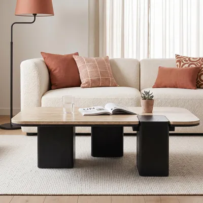 Produktbild von Couchtisch SURAT mit doppelter Tischplatte aus Mangoholz und Travertin, 100 x 27 x 60 cm, Beige/Schwarz - Moderner Wohnzimmertisch mit eingefasster Tischplatte Clubtisch, Coffee Table