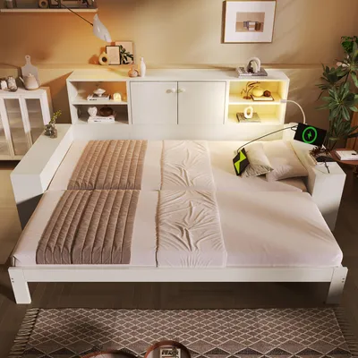 Produktbild von Stauraumbett 90x200 ausziehbar auf 180x200 cm, Holzbett mit Lattenrost, Tagesbett Weiß, USB/USB-C Ladestation & Leselicht, Jugendbett & Gästebett, Belastbar 150kg