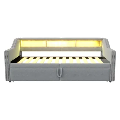 Produktbild von Flieks Polsterbett Schlafsofa 90x200cm/180x200cm, Tagesbett Daybed mit Unterbett, Holzbett Sofabett mit USB und LED, Funktionsbett Leinen, Hellgrau