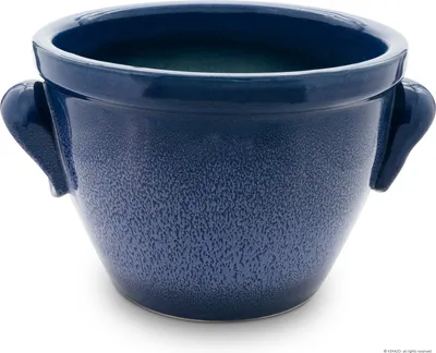 A blue ceramic pot with handles against a white background.