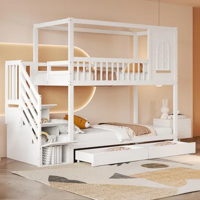Produktbild von MODFU Etagenbett Kinderbett 90x200cm mit Aufbewahrungsschubladen und Sicherheitsleiter, Sicherheitszaun-Design, Massivholzbett Jugendbett Bettgestell, Weiß