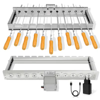 Produktbild von Elektrischer Spießdreher BBQ Set mit regulierbaren Motor – Edelstahl Grillaufsatz für Gas-, Holzkohle- & Elektrogrill verstellbar, 46cm mit 11 Spießen