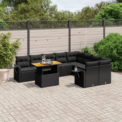 Produktbild von Design 10-tlg. Garten-Sofagarnitur mit Kissen Schwarz Poly Rattan, Gartenmöbel-Sets 2024 Neu