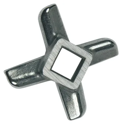 A close-up, isolated shot of a metal meat grinder blade.