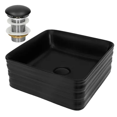 Obrázek produktu pro LuxeBath umyvadlo Umyvadlo na desku Square, 39x39x15 cm, černé, keramické, včetně odtokové soupravy bez přepadu