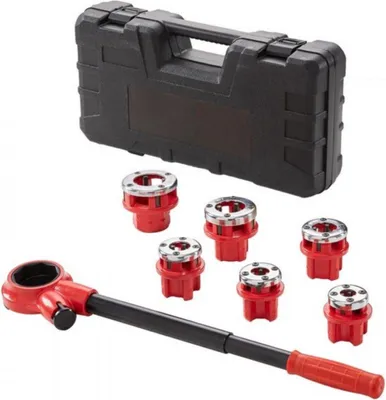 Produktbild von 6-teiliges Gewindeschneider-Set – Rohrschneider mit Ratschenfunktion – 1/4" bis 1-1/4" NPT – In Transportkoffer – Für Wasser- & Gasleitungen