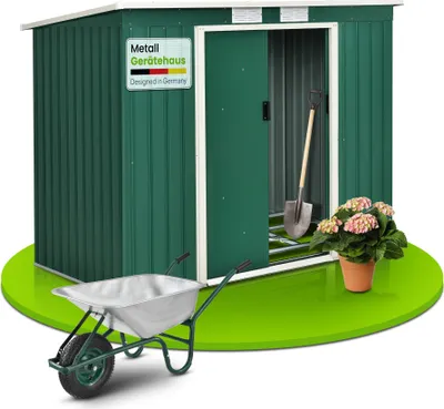 Produktbild von Juskys Metall Gerätehaus M mit Pultdach, Schiebetür & Fundament - 4m³ - Grün