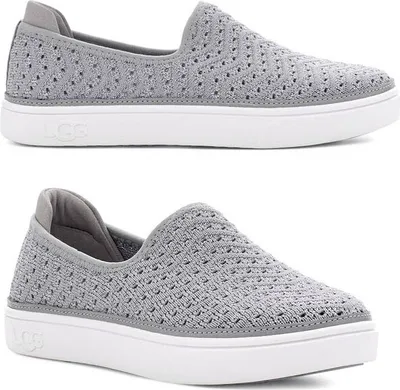 Two views of a pair of grey slip-on sneakers with a textured knit upper and white soles.