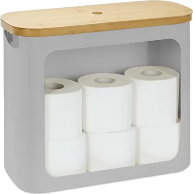 Obrázek produktu pro Relaxdays – držák na toaletní papír, 12 rolí, VxŠxH: 36 x 43 x 17 cm, látka, bambus, koš na toaletní papír, zásoba, šedý