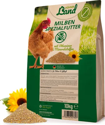 Produktbild von HÜHNER Land Milben-Spezial Hühnerfutter mit Vitaminen & Mineralstoffen 10kg - Ohne Farbstoffe & Zuckerzusätze, Premium Körner- und Saatmischung, Abwechslung Hühner Alleinfutter