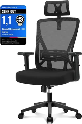 Produktbild von Ergonomischer Bürostuhl - Verstellbarer Schreibtischstuhl mit Mesh-Rückenlehne Lumbalstütze und Kopfstütze bis 150 kg - Atmungsaktiver Drehstuhl als Chefsessel für Home Office und Büro