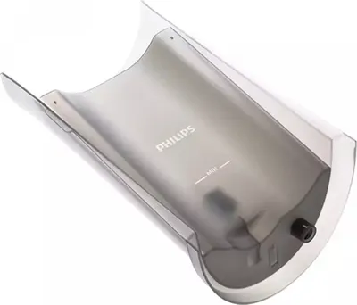 A close-up studio shot of a translucent gray water tank.