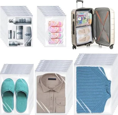 Produktbild von Famanu Reiseaufbewahrungstaschen 35 Stück - Transparente Ritsäcke für Kleidung und Toilettenartikel
