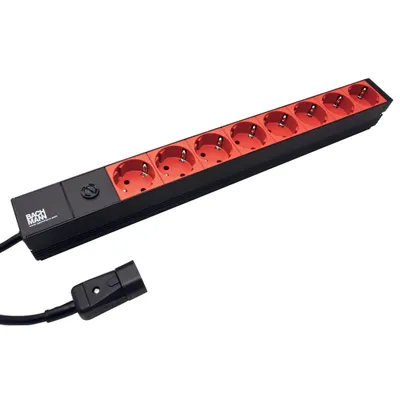 Obrázek produktu pro Bachmann 19'' 2m 8x Schuko H05VV-F 3G 1.00mm², 2 m, Hliník, Černá, Červená, 8 AC zásuvky / AC zásuvek, 10 A, Černá
