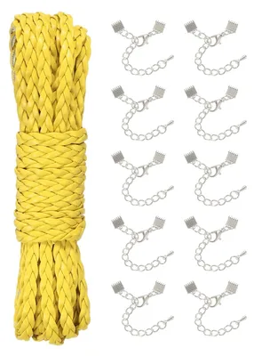 Image de Bande de cuir tressé – Largeur de 5 mm et longueur de 5 mètres – Idéale pour la création de bijoux et les projets de bricolage – Jaune, avec 10 embouts de sertissage
