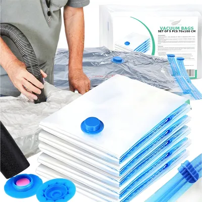 Produktbild von 5er Set Vakuumbeutel -  70x100 cm -  100 % luftdichte und langlebige Kleiderbeutel - Vakuum Aufbewahrungsbeutel zur Kleidung, Steppdecken, Bettwäsche