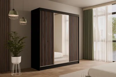 A modern bedroom with a large black wardrobe featuring mirrored doors and slatted accents, next to a window with green curtains.