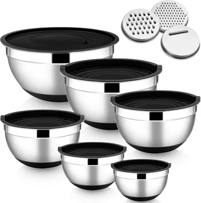Produktbild von Rührschüssel 6er Set, Edelstahl Schüssel Salatschüssel Set mit Luftdichtem Deckel & 3 Reibenaufsätzen, 4,6L/2,8L/2,5L/1,6L/1,2L/0,7L, Rutschfester Silikonboden & Spülmaschinenfest, Schwarz