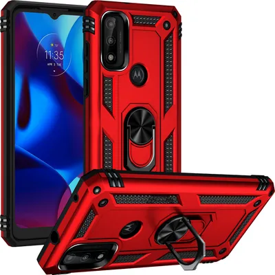 Image de Etui pour Motorola G Pure étui de protection militaire double couche avec support d'anneau et support rouge
